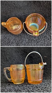 Hazel Atlas Amber Stippled Iridescent Bucket Ashtray/Barrel Toothpick 1950's