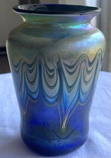 Art Glass Iridescent Pulled Feather Bud Vase with Gold/Green Aurene Finish — listing 3