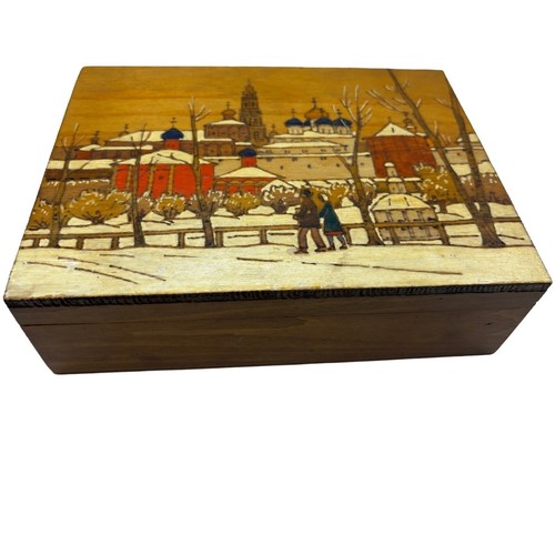 Vintage Russian Kustar Folk Art Pyrography & Painted Trinket Jewelry Letter Box