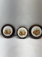 Vintage Ceramic and Wood Round Fruit Tile Trivet Pot Hot Plates Lot Of 3