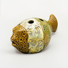 PIER 1 Blowfish Puffer Fish Bathroom Decor Toothbrush Holder Brown Green Pottery