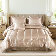 Luxury Satin Queen Comforter Set, 8 Piece Taupe Bedding with Deep Pocket Sheets