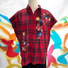 Madewell Red Plaid Shirt Embroidered Floral Relaxed XS Cottagecore Retro Boho