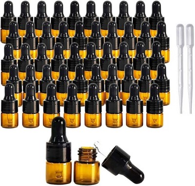 50Pcs Amber Glass Mini Dropper Bottle 1ml Amber Essential Oil Bottles Vials Trav
