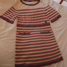 CHANEL CC Logo Striped Dress Ivory Red Navy Short Sleeve Size 44 SR2156