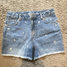 Cat  Jack Girls XL 14 Blue Denim Cut-Off Shorts Floral Embroidered Stretch