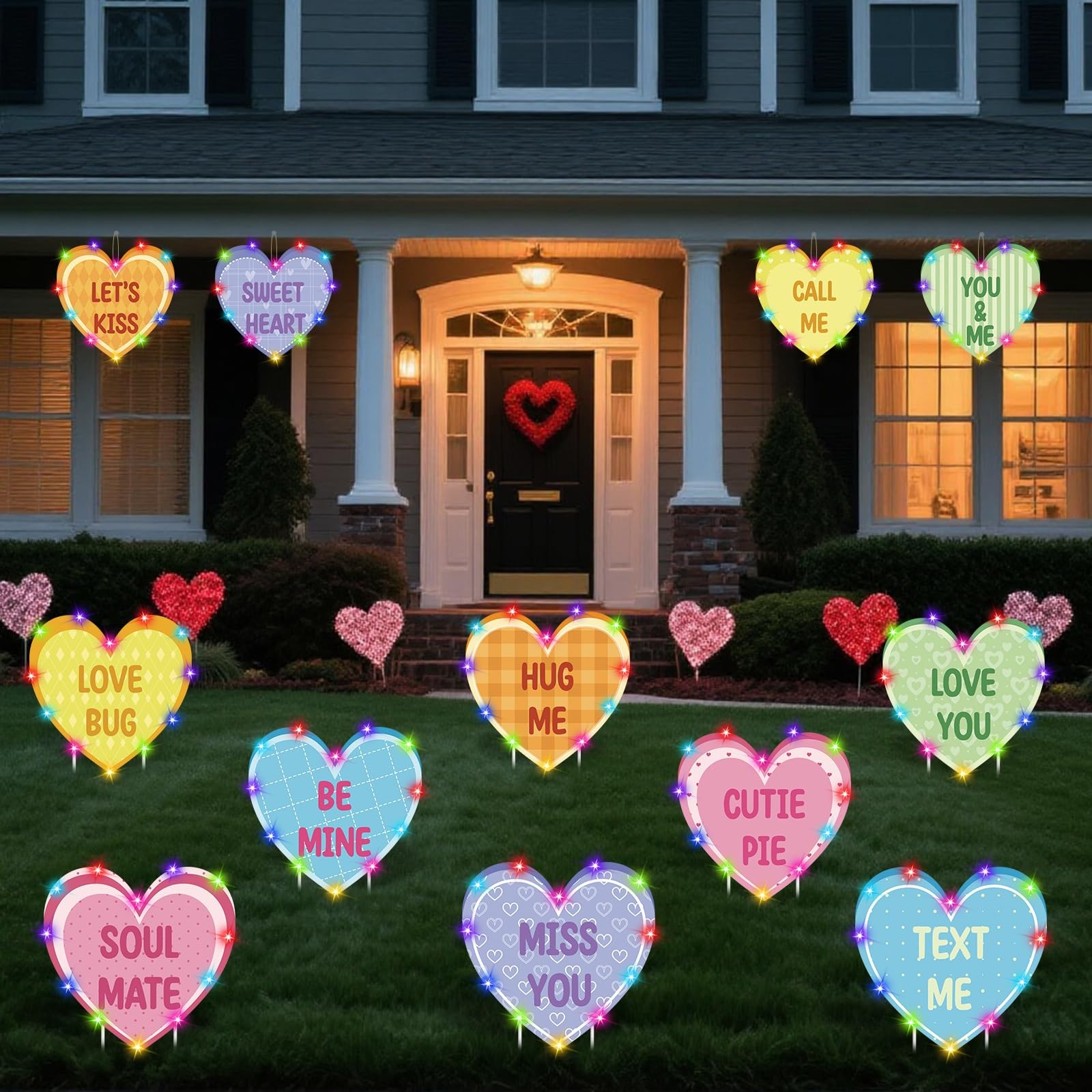 12 Pcs Valentines Outdoor Yard Signs with Lights Conversation Hearts Decorati...