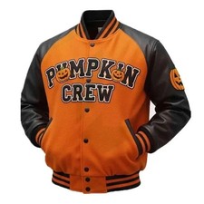 Pumpkin Crew Varsity Jacket – Black & Orange Baseball Bomber Coat – Retro Letter