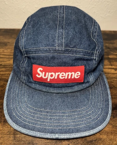 Casquette de camp en sergé bleu chino délavé Supreme denim SS17 chapeau jean boîte logo