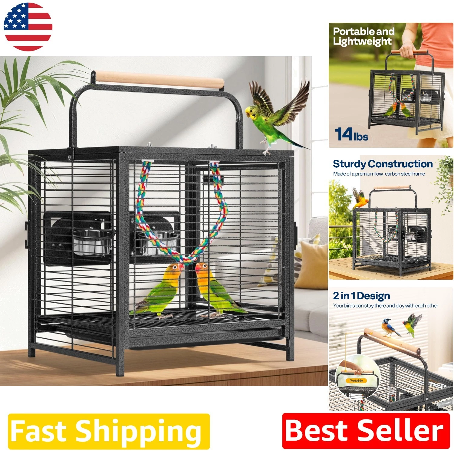 Wrought Iron Bird Cage: Portable Travel Carrier for Parrots, Conures, Lovebir...