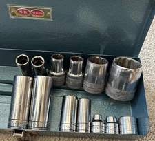 S & K Wayne Tool Box 10 3/4 X 3 3/4” Plus 4 1/2” Dr Sockets & 9,3/8” Dr Sockets