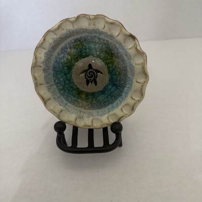 Handmade Studio Pottery Turtle Dish Blue Green Crackle Glaze Down to Earth Style