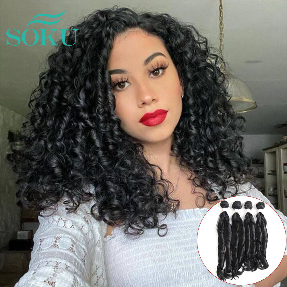 Funmi Curly Hair Weaves 4pc Bundles Extensions Black Color Synthetic Black  Women