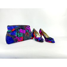 Vintage 1980s J Renee Floral Satin Pumps Size 8 and Matching Purse