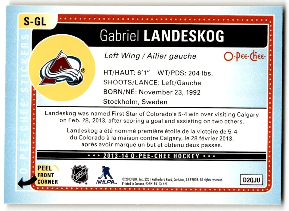 Gabriel Landeskog 2013-14 O-Pee-Chee Stickers #S-GL Colorado Avalanche - Image 2 of 2