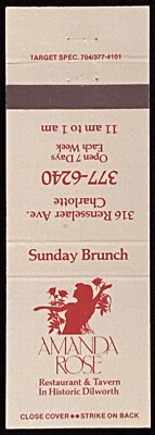 AMANDA Rose Restaurant Charlotte NC Vintage Matchbook Cover  B-4173