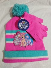 My Little Pony "Believe" Pink Blue Girls OSFM Winter Hat  Glove Set Knit Pom