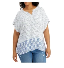 Style & Co Womens XL Bright White Mix Print Split Neck Short Sleeve Top NWD CH33