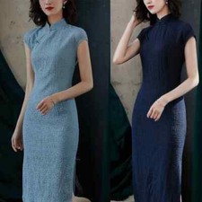 Chinese Cheongsam Women Midi Dress Retro Ethnic Ball Prom Qipao A-line Slit