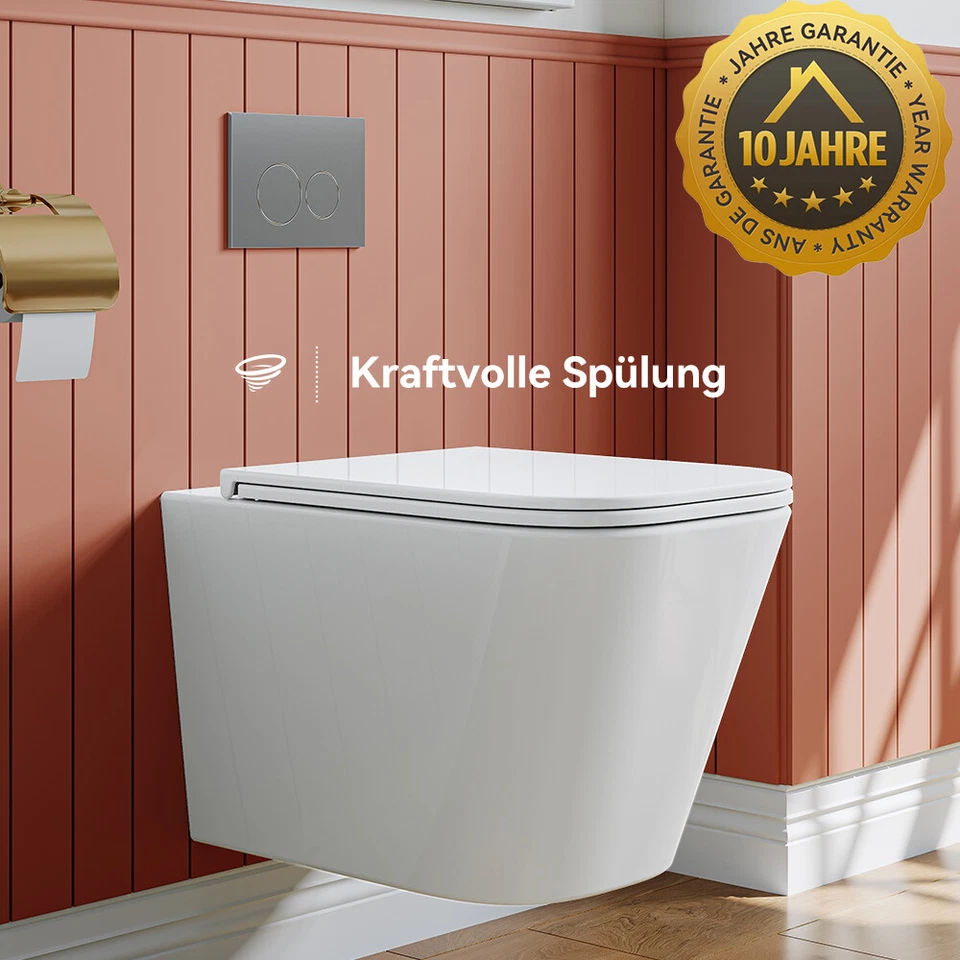 WC angolare senza bordo di risciacquo parete sospeso WC toilette rivestito Softclose coperchio sedile - Immagine 2 di 4