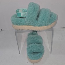 UGG Oh Fluffita Aqua Green Fleece Platform Slingback Sandals Women Size 6 S/N