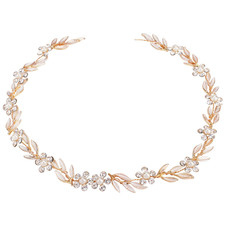 Bride Leaf Pearl Crystal Gold Hair Vine Headband with Flowers - Wedding Bridal H