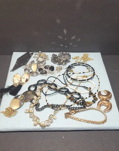 Vintage Costume Jewelry Lot Necklaces Earrings Mixed Bundle Gold Black