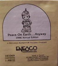PRECIOUS MOMENTS PEACE ON EARTH ANYWAY CHRISTMAS ANNUAL ORNAMENT 1996 #183369