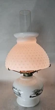 Vintage Currier And Ives  Hobnail Milk Glass Oil Lamp w/wick