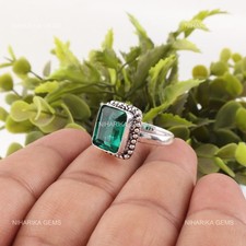 Sterling Silver Rectangle Green Emerald Gemstone New Year Solitaire May Ring