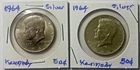 LOT OF 2 1964 KENNEDY HALF DOLLARS  SILVER COINS. NICE LOOK!