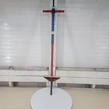 Vintage 1950s Pogo Stick Red Blue White Grips Wooden Footrest Retro Toy Collecti