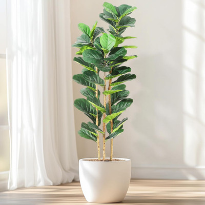 5 Ft Faux Fiddle Leaf Fig Tree with White Pot, Faux Trees with Artificial Plants