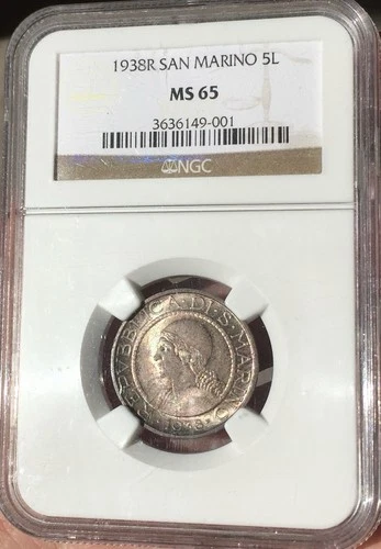 NGC MS65 San Marino 1938 5 Lire