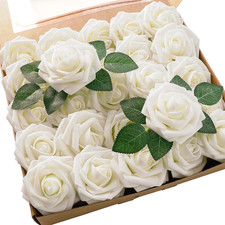Artificial Flowers 25Pcs Real Looking Ivory Foam Fake Roses with Stems for DIY W