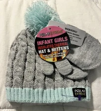 Polar Extreme Girl's Insulated Thermal Knit Winter Pom Beanie & Mittens NWT