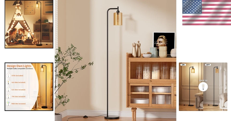 Modern Black Floor Lamp with Amber Glass Shade - Image 2 of 4