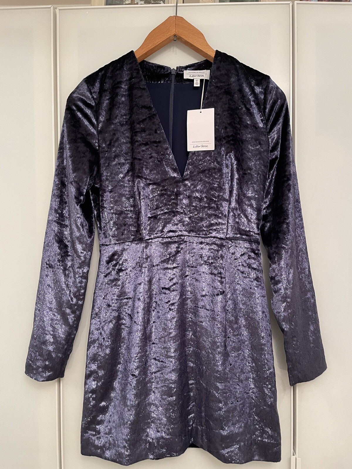 STOCKHOLM ATELIER & OTHER STORIES & Other Stories Navy Sparkle Shimmer Silver Velvet V Neck Mini Party Dress