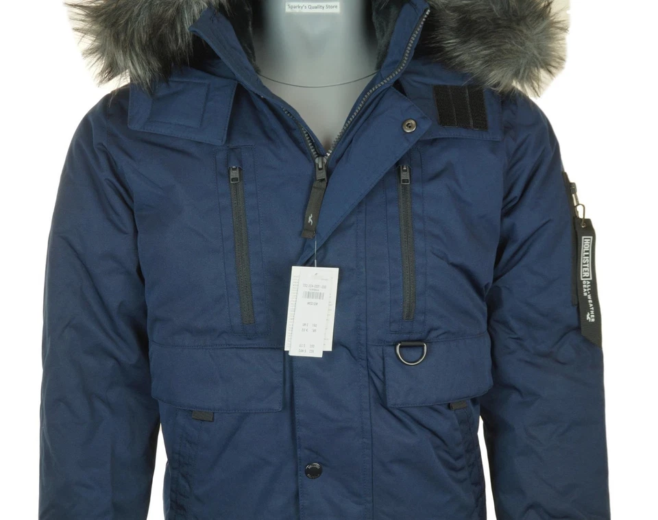Men's Hollister Fur Hooded Down Bomber Jacket £160 Wind Water Resistant Large - Image 2 of 4