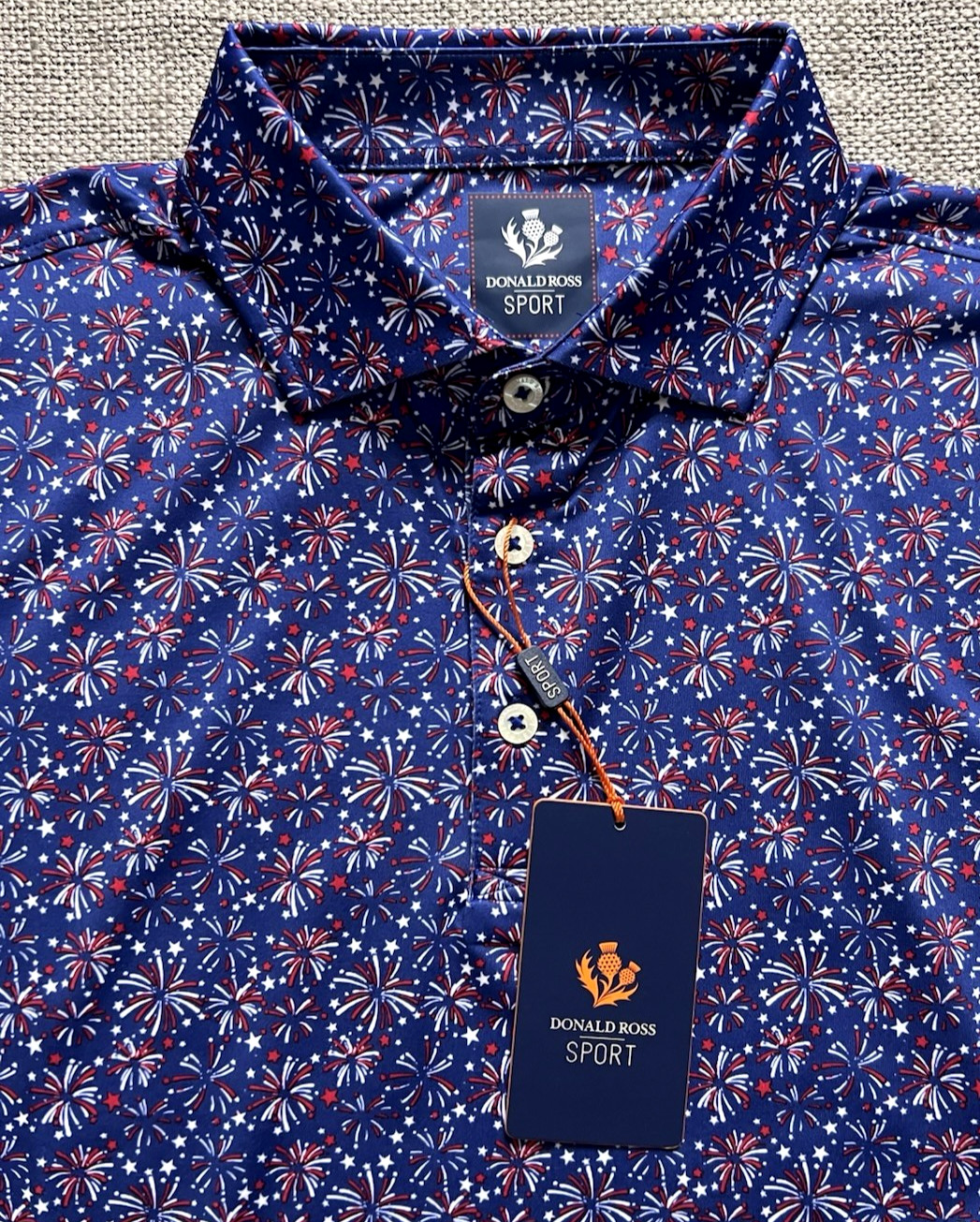 DONALD ROSS SPORT MENS PATRIOTIC FIREWORKS JERSEY PRINT POLO SHIRT NAVY - LARGE