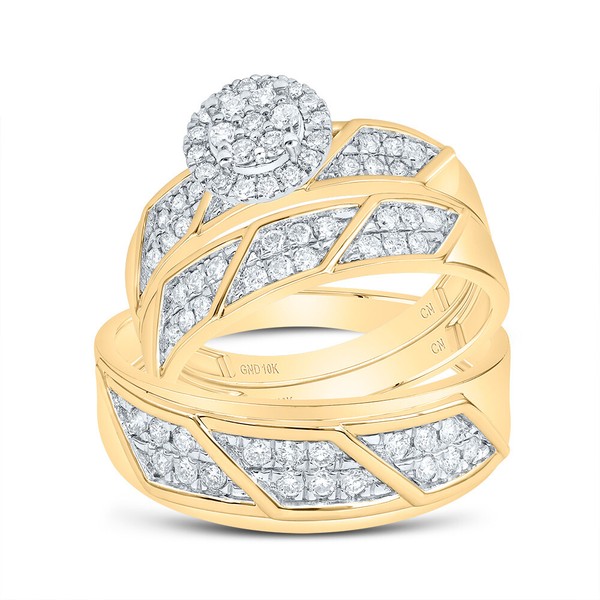 10K Gelbgold Diamant Dreifach Set Blumenmuster Halo Braut + Passende BäNder 5/8-image