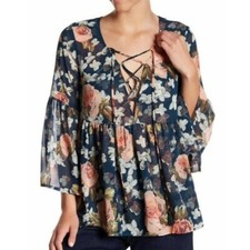 Show Me Your Mumu Teal Floral Poet Lace Up V Neck Blouse Size XS