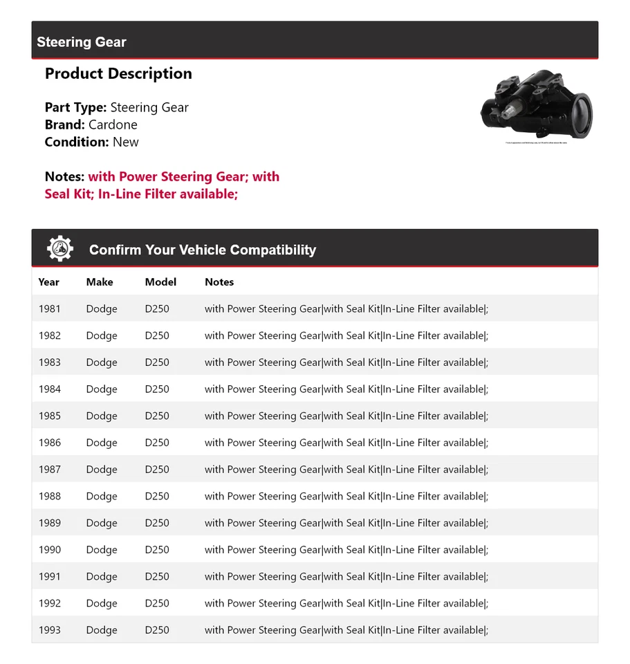 For 1981-1993 Dodge D250 Steering Gear Cardone 1982 1983 1984 1985 1986 1987 - Image 2 of 4