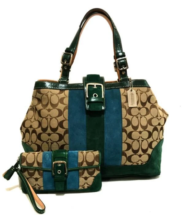 MINT COACH SIG C STRIPE EMERALD GREEN SUEDE CARRYALL TOTE BAG WRISTLET SET WOW!