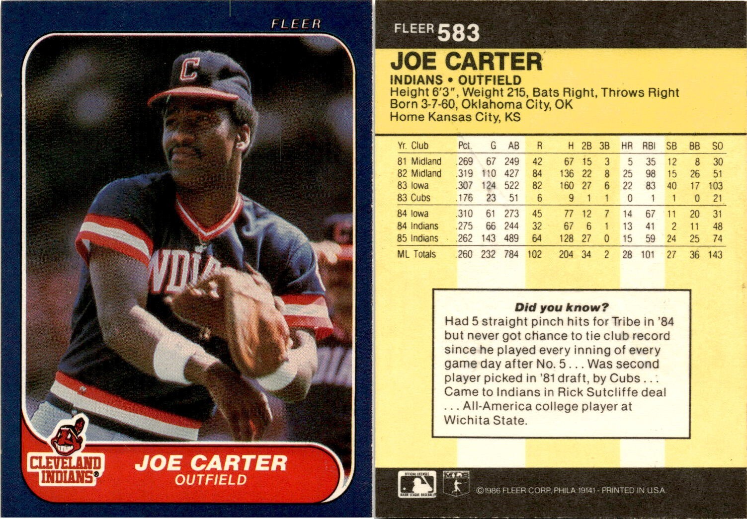 1986 Fleer JOE CARTER Baseball Card 583 Cleveland Indians eBay