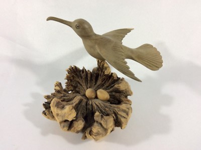 American Hummingbird Guarding Her Nest 2 Eggs.Hand Carved From Hibiscus Wood