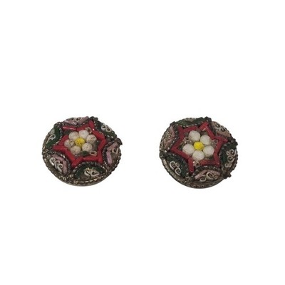Vintage Micro Mosaic Clip-On Earrings Red Green Floral Stamped Silvertone Broken