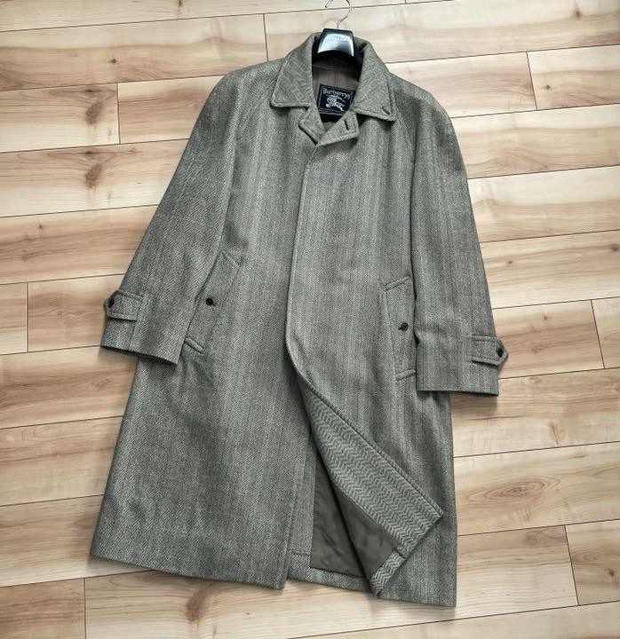 Vintage Burberry Cashmere Tweed Herringbone Balmacaan Coat Gray
