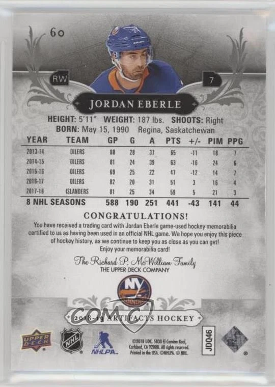 2018-19 Upper Deck Artifacts Silver Material /165 Jordan Eberle #60 - Image 2 of 2