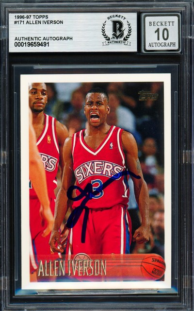 Allen Iverson Signed 1996-97 Topps RC 171 Philadelphia 76ers Auto GM 10 Beckett
